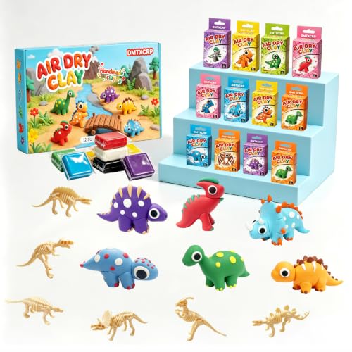 DMTXCRP Air Dry Clay Dinosaur Kit for Kids, 12 Dino Skeleton Craft Set | 12 individual boxes, colorful materials, 3 sculpting tools, step-by-step guide, STEM party favors and birthday activity - color: Dino