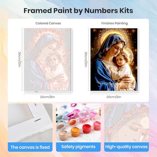 HEIBAGO Framed Paint by Numbers Kit for Adults, Virgin Mary Adult Paint by Number Kits on Canvas, Paint by Numbers for Adults Beginner, DIY Painting by Numbers for Gift Home Decor 8x12In - color: Virgin Mary
