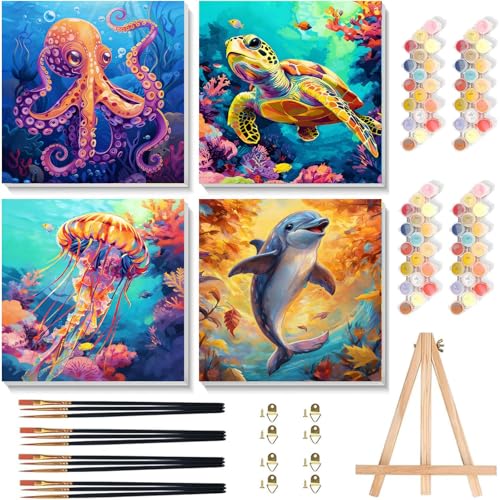 Arttoplus 4 Pack Paint by Numbers Kit for Kids with Frame Sea Animal 8x8in | Sea Animals Kids Paint by Numbers Ages 4-8-12 with Wooden Easel, Easy Oil Painting by Number for Gift Home Wall Decor - color: BKH2401+BKH2402+BKH2403+BKH2404-US