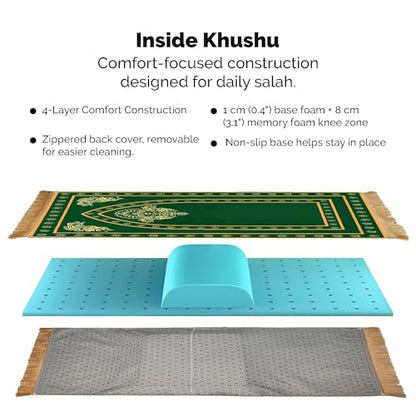 UrmiX Memory Foam Prayer Mat, Knee Support & Quran Reading Rest (Green) - color: Emerald Green