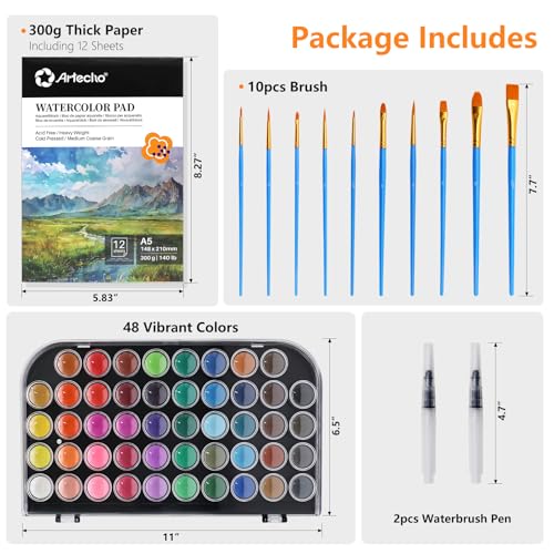 Artecho 48 Colors Watercolor Paint Set, 10 Brushes | A5 Watercolor Paper Pad, 2 Watercolor Pens, Washable Non-Toxic, for Adults & Artists
