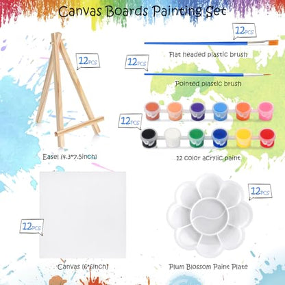 Hdviai Acrylic Paint Canvas Set – Canvas Painting Kit with Wood Easels, Brushes, Paint Sticks, Palettes – Art Supplies for Beginners, Ideal for Parties & DIY Painting (6 x 6inch) - size: 6 x 6inch