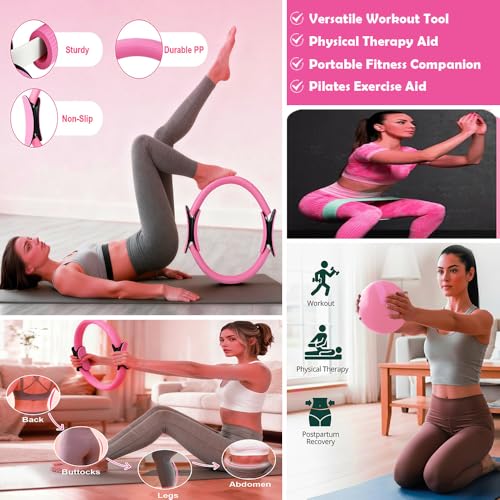 Pilates Ring Set with 14-Inch Magic Circle, Exercise Ball & 6 Resistance Bands - Complete Home Workout Equipment for Core Strength, Toning and Flexibility - Ideal Fitness Gift for Women and Men