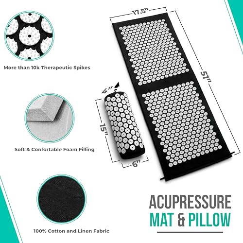 Sivan Acupressure Mat & Pillow Set for Back & Neck (XL, Black/White) | Grounding for stress and pain, acupuncture-point massage, muscle relaxation, sciatica and meditation; includes carry bag. - color: Black/White, size: XL