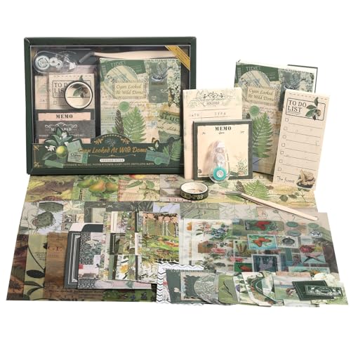 Scrapbook Photo Album Supplies Kit with Tweezers and Glue Tape, Green Aesthetic Vintage Junk Journal Scrapbooking Paper, Sticker Pack, Notebook Craft Supplies, DIY Gift for Adult Men Women (Wild Dome) - color: Wild Dome
