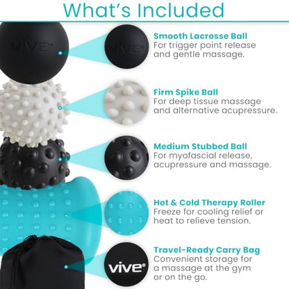 Vive Massage Ball Set (4 Piece) - Plantar Fasciitis Relief Foot Pain Hot | Cold Therapy - Heel Spur, Sore Muscle, Trigger Point, Back, Arm, Neck, Shoulder, Leg Circulation Roller