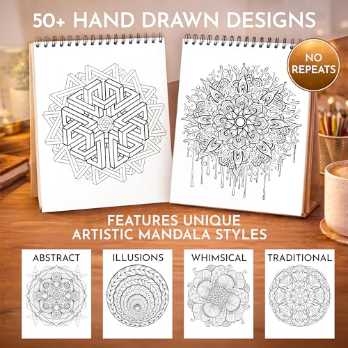 Mandala Coloring Book for Adults, 50 Unique Relaxing Designs, Spiral Bound | Adult Coloring Book for Women & Men, Thick 180gsm Single-Sided Pages, Relaxing Mindful Mandala & Geometric Patterns - color: Mindful Mandala - Artistic
