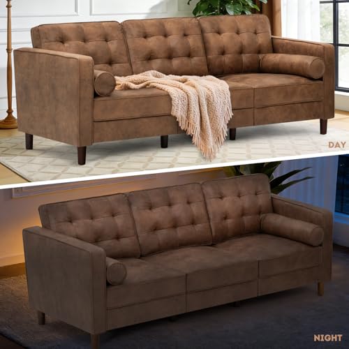 84" Suede Leather Modern Sofa with Bolster Pillows, Brown - color: Brown, size: 84" Sofa