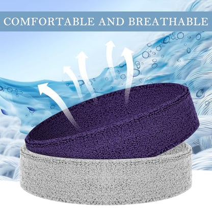 4 Pack Cotton Terry Sweat Headbands for Men Women Running Gym - color: Black/Gray/Purple/White