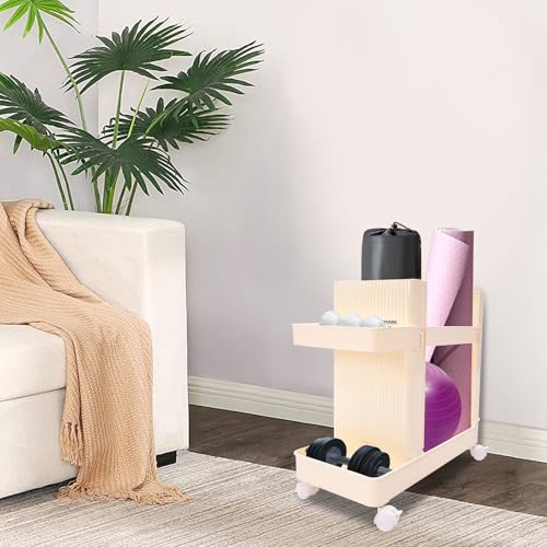 Home Gym Storage Rack, Multifunctional Yoga Mat Display Stand with Wheels, Mobile Workout Equipment Organizer Shelf, Floor Standing Storage Shelf for Home, Gym, Yoga Studio (Creamy Yellow) - color: Creamy Yellow