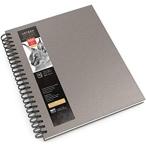 Arteza Sketch Book, 9x12-inch Gray Drawing Pad, 100 Sheets, 68 lb 100 GSM, Hardcover Drawing Book, Spiral-Bound Sketch Pad for Pencils, Charcoal, Pens, Crayons and Other Dry Media