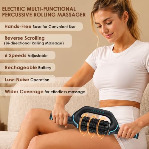Electric Rolling Percussive Massager, Deep Tissue Muscle Roller & 6 Speeds | Rechargeable Electric Roller with Hands-Free Base for Lymphatic Massage, Back, Legs & Calves, Ideal for Muscle Recovery