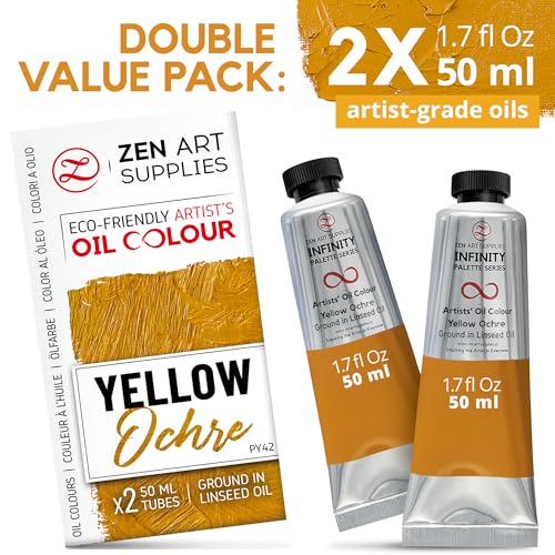 ZenART Professional Oil Paint Set - Artist Grade Yellow Ochre - 2x50ml | Non-Toxic, Buttery Consistency, Rich Pigment, Lightfast Oil Paints for Primed Surface Canvas, Fine Art, Portraits & Landscape - color: Yellow Ochre