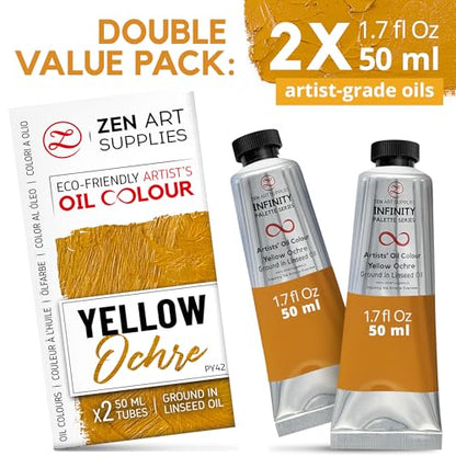 ZenART Professional Oil Paint Set - Artist Grade Yellow Ochre - 2x50ml | Non-Toxic, Buttery Consistency, Rich Pigment, Lightfast Oil Paints for Primed Surface Canvas, Fine Art, Portraits & Landscape - color: Yellow Ochre
