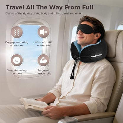 Travel Neck Pillow with Massage & Heat, U-Shaped Neck Massager with 8-Point Vibration, Eye Mask and Earplugs Set – Ergonomic Memory Foam, Ideal for Travel, Office, Home