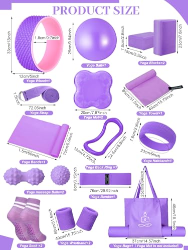 Gemscream 17 Pcs Yoga Essential Kit for Women, Pilates Equipment Starter Set for Beginners with Yoga Wheel Ball Blocks Strap Resistance Bands Wrist Rings Socks Towel & Carry Bag for Home Workouts - color: Purple