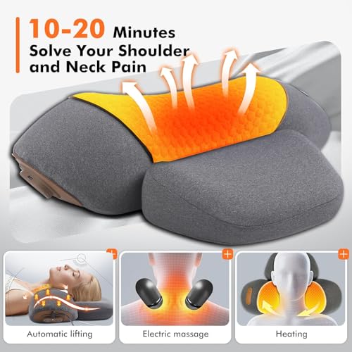 3-in-1 Neck Massager Pillow with Heat - Electric Deep Tissue Massage for Neck & Shoulder Pain Relief, Portable Hump Corrector, Memory Foam Massaging Pillow for Home, Car, Office - color: Gray