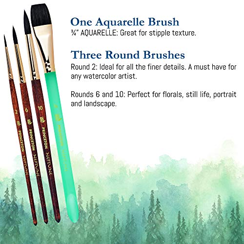 Princeton Neptune 4750 Series Watercolor Brush Set – Watercolor Brushes Professional Soft Synthetic Squirrel Hair – Artist Water Paint Brush Set – 1pc Aquarelle 3/4" & 3 Round Brushes (Sizes 2, 6, 10)