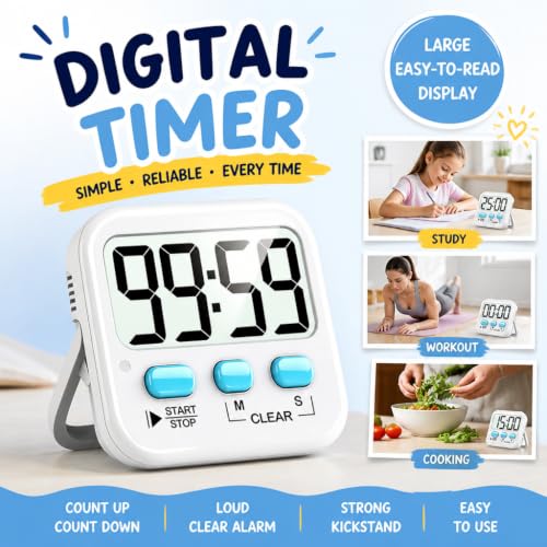 Antonki 2 Pack Digital Timer for Kids Classroom Kitchen Timers for Cooking | w/ Battery, Easy to View, Alarm, Mute Mode, Count Down/Up, Magnetic, Kickstand, Hanging, Classroom Timer for Teacher Supplies - color: 2 * Classic White ( 97%+choice )