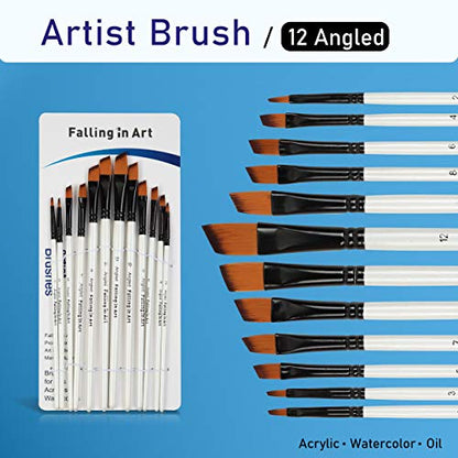 Falling in Art 12 PCS Professional Angled Paint Brushes Set | Artist Brushes for Watercolor, Oil Painting, Acrylic, Face Body Nail Art, Crafts, Rock Painting - size: 12 Pcs Angled Nylon