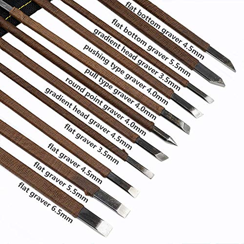 Stone Carving Tools, 11 Pcs Stone Seal Craft Engraving Wood Carving Tools Gravers/Chisels/Knife Set with Bag