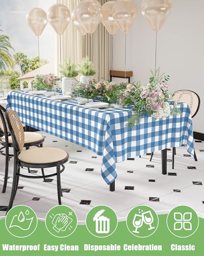Smiry 8 Packs Gingham Disposable Table Cloth, 54 x 108 Inch Waterproof Plastic Tablecloth, Rectangle Aqua and White Checkered Table Covers for Picnic, Birthday, Party - color: Aqua and White, size: 54"x108" (Pack of 8)