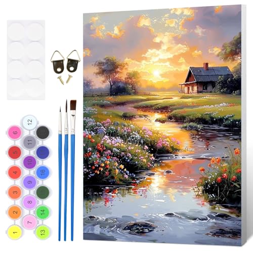 HEIBAGO Framed Paint by Numbers Kit Countryside Sunset for Adults, Paint by Numbers for Adults Beginner, Adult Paint by Number Kits on Canvas, DIY Painting by Numbers for Gift Home Wall Decor 8 x 12In - color: Countryside Sunset