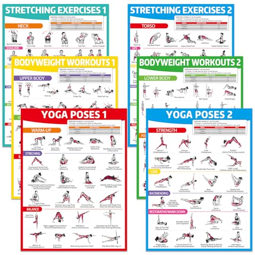 gisgfim 6PCS Workout Posters for Home Gym-Yoga Poses, Stretching and Bodyweight Exercise Charts Yoga Positions Poster Full Body Laminated Fitness Training Guide for Beginners Garage Wall Decor