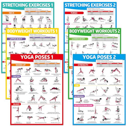 gisgfim 6PCS Workout Posters for Home Gym-Yoga Poses, Stretching and Bodyweight Exercise Charts Yoga Positions Poster Full Body Laminated Fitness Training Guide for Beginners Garage Wall Decor