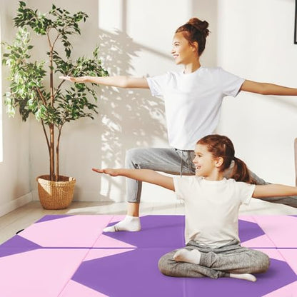 Giantex 4'x10'x 2" Gymnastics Mat, 4-Panel Folding Aerobics Exercise Mat w/Hook & Loop Fastener, Carrying Handle, Portable Tumbling Mat for Stretching Yoga Cheerleading Martial Arts - color: Purple/Baby Pink