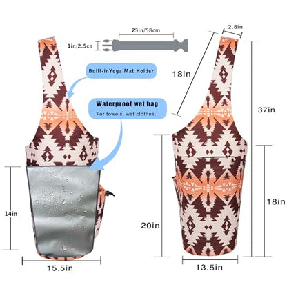 Yoga Mat Bag - Large Opening Long Tote Yoga Mat Carrier Holder Bag with Waterproof Wet Zipper Pocket and Drawstring Water Bottle Pocket - Yoga Bag Fit Most Size Mats - color: Boho Camel