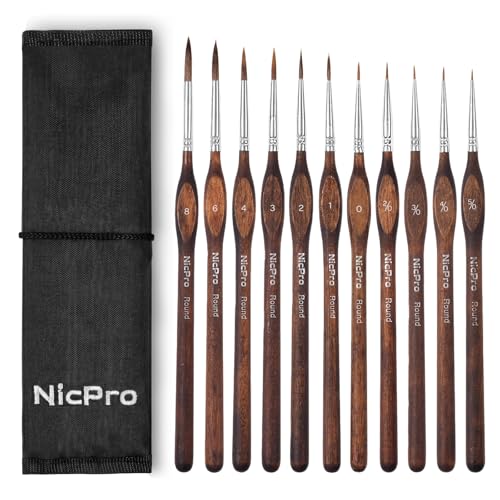 Nicpro 11 PCS Kolinsky Sable Miniature Paint Brushes with Cloth Roll | Professional Fine Detail Paint Brushes, Round Point Brush Set for Miniatures, Acrylic & Figures, Model, Watercolor Details - size: 11 PCS