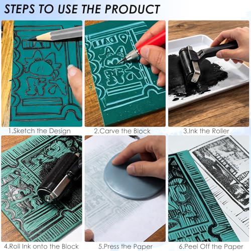 KAKABUBBLE Linocut Kit for Printmaking, Stamp Making Kit with Linoleum Blocks, Carving Tools, Brayer, Ink & Transfer Paper – Block Printing Kit for Beginners, Artists & DIY Crafts