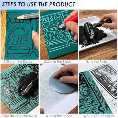 KAKABUBBLE Linocut Kit for Printmaking, Stamp Making Kit with Linoleum Blocks, Carving Tools, Brayer, Ink & Transfer Paper – Block Printing Kit for Beginners, Artists & DIY Crafts