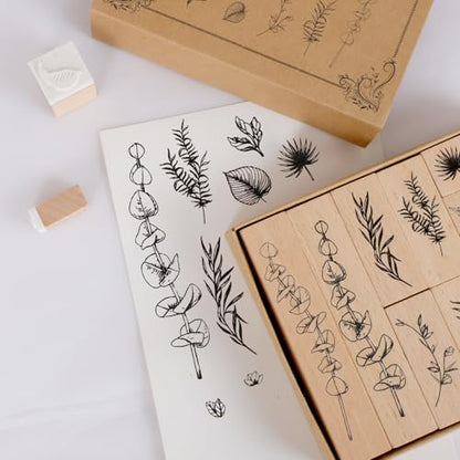 22 Pcs Plant Wooden Rubber Stamps Set, Wood Stamps for Journal, Diary, Scrapbook, Planner, Letter, DIY Craft, Card Making (Green Vitality) - color: Green Vitality