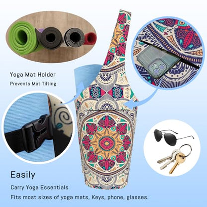 Mandala Yoga Mat Bag with Large Waterproof Zipper Pocket and Drawstring Pocket Long Tote Yoga Mat Carrier Holder Bags Fit Most Size Mats - color: Beige