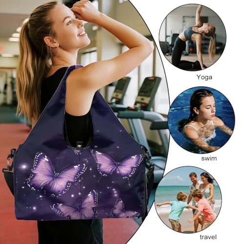 Gym Bag with Yoga Mat Holder Large Tote Bag With Multi Pockets for Women Men Dry Wet Separated Pocket Carryall Yoga Tote Bag for Pilates Travel Workout Office - color: Butterfly purple