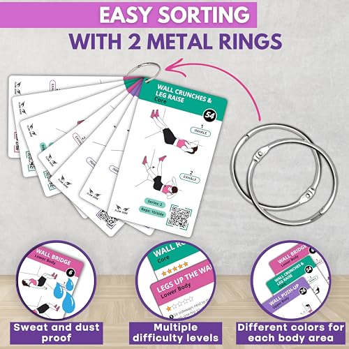 Wall Pilates Workouts for Women – 66 Exercise Cards with Videos & Workout Plan – Includes 5-Week Challenge, E-book, Chart & 2 Rings for Easy Organization – Home Pilates Workout Guide