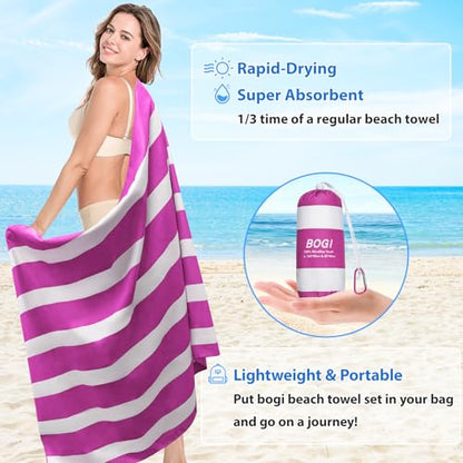 BOGI Microfiber Beach Towel Set for Travel Bath Beach Swim Gym Yoga（L 63''x31.5''） - color: Hpink Stripe, size: L:63"x31.5" with 16"x16"