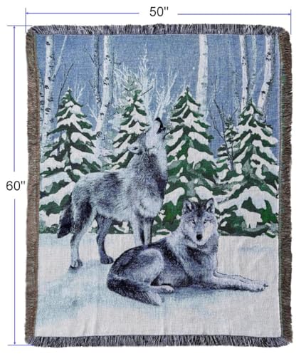 Lodge Wolf Woven Tapestry Throw Blanket 50 X 60 Inches | Wall Hanging Art, Handicrafts Jacquard, Multipurpose Soft Travel Mat, Outdoor with Fringe Tassels - color: Wolves