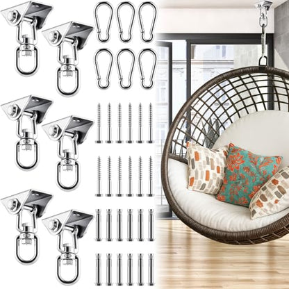 Tandefio 6 Sets of Robust Swing Hangers for Wooden Concrete Set with Hook Screw Bolt Washer 360 Swivel Stainless Steel Swingset Accessory for Porch Patio Yoga Indoor Outdoor, 2000 LB Capacity, Silver