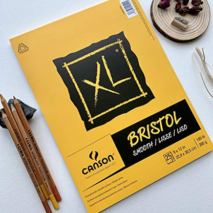 Canson XL Series Bristol Paper, Smooth, Foldover Pad, 9x12 inches, 25 Sheets (100lb/260g) - Artist Paper for Adults and Students - Markers, Pen and Ink - size: 9x12, style: Bristol, Smooth