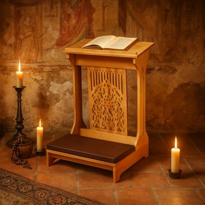 Colingmill Tree of Life Church Prayer Bench Stool Wooden Padded Kneeler with Shelf and Cushion Prayer Kneeler for Home Church Religious Gifts, 24 x 22 x 32 inches (Medium Oak Color)
