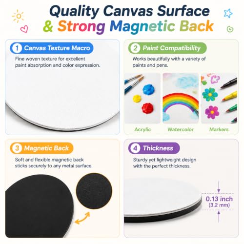 15 Pack Mini Canvas Boards with Soft Magnet Back | Perfect for acrylic, watercolor and marker art. Create personalized fridge magnets, classroom crafts and handmade gifts - style: Round-15pcs