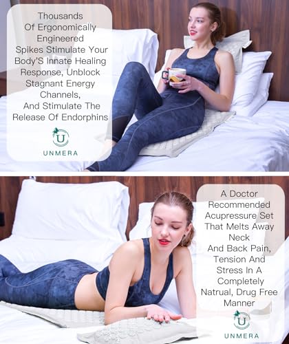 UNMERA Acupressure Mat and Pillow Set,Natural Linen & Coconut Fiber Filling | Back/Neck Pain Relief, Sciatic, Headache and Muscle Relaxation, Comes with Carrying Bag - color: Linen Grey