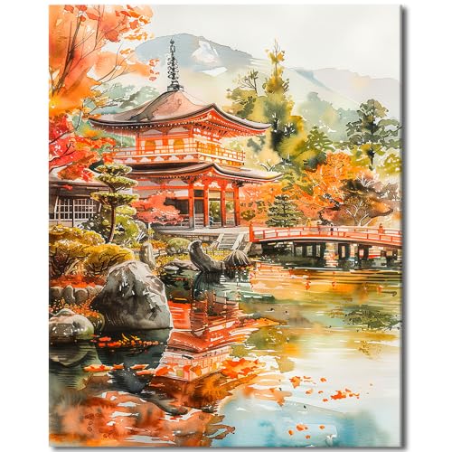 TUMOVO Adult Paint by Numbers Kit Traditional Japanese Landscape Art | Mountain & Temple Scene Art Painting with Acrylic Paints and Brushes, Proudly Display Your Creation as Wall Decor, 16x20 in - color: Landscape
