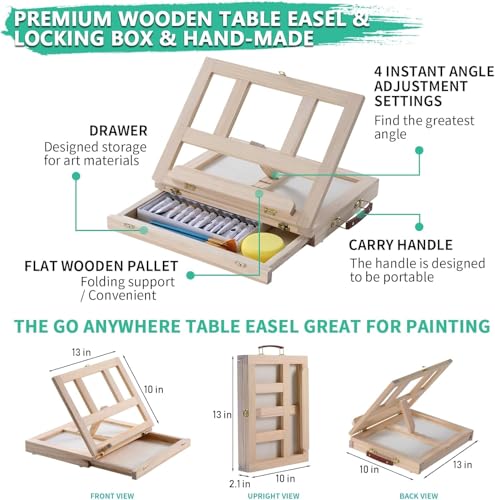 54 Pieces Complete Acrylic Paint Set with Portable Wooden Tabletop Easel | Starter Painting Kit with Tubes, Canvas Panels, Sketch Pads, Brushes, Palette for Beginners, Young Artists and Adults - color: Burlywood color