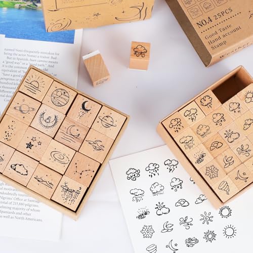 41 Pieces Wooden Rubber Stamp Set, Moon Star Various Weather Patterns Wood Stamps for Journal, Diary, Scrapbook, Planner, Letter, DIY Craft, Card Making(2pcs Weather and Galaxies) - color: 2pcs Weather and Galaxies