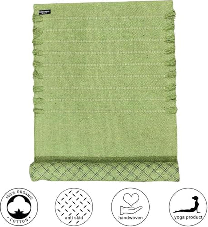 Indian Handmade100 % Organic Anti Skid Multi Colour Cotton Yoga Mat - Eco-Friendly Hand-Woven Rug - Non-Slip & Thick (24”x72”x5mm) for Hot yoga & Everyday Fitness at Home - Comfortable & Foldable Extra-Long Mat - color: Green