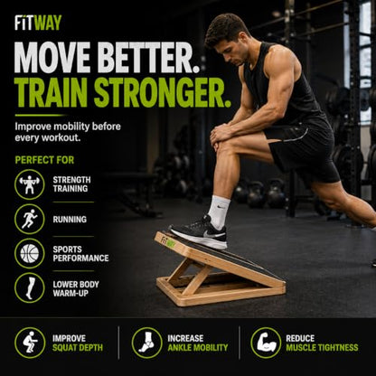 Adjustable Wooden Slant Board, 5-Level Calf Stretcher for Mobility & Rehab | Non-slip velour surface, 5-level incline, 5 resistance bands. Foldable, portable for home gym, physical therapy & rehab use.